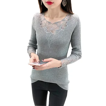 

Spring Autumn Women Knitwear O Neck Long Sleeve Slim Winter Tops Beading Embroidery Flower Women Sweaters Pullover Feminino