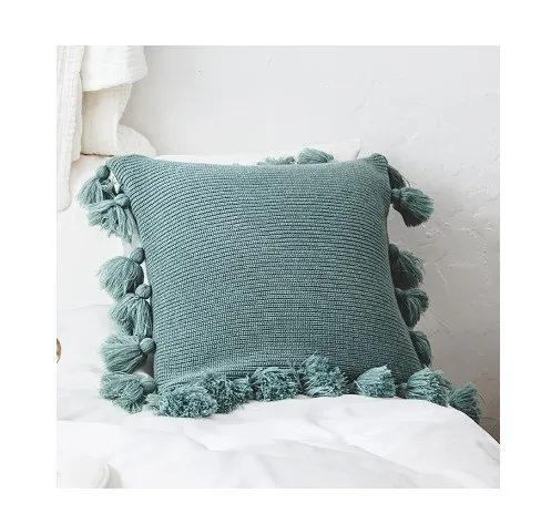 Baby Pillow Decorate Kids Baby Room Decor Knitted Crochet Cushion Cover Pompom Throw Pillow Covers Infant Room Decoration 45*45 - Цвет: GREEN