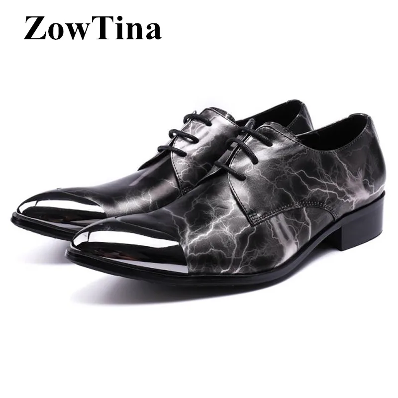 

Men Grey Genuine Leather Dress Shoes Metal Decoration Pointed Toe Oxford Shoes Man Lace Up Formal Dress Lightning Business Flats