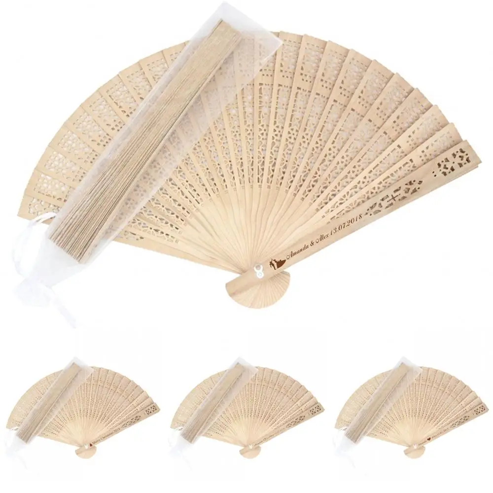 

20 Sets Personalized Engraved Wood Folding Hand Fan With Organze Bag Wooden Fold Fans Party Decor Wedding Gift Favors BabyShower