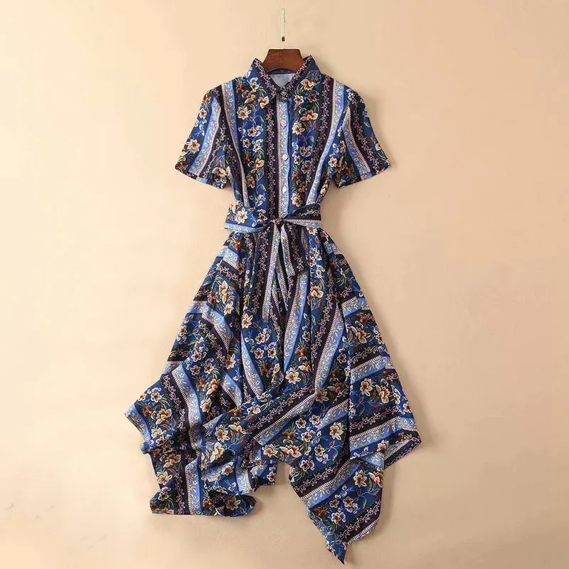 Тренд boho Цветочные Повседневные женские платья элегантные модные женские платья Turn-Down Воротник галстук ремень Кнопка асимметричное платье - Цвет: Многоцветный