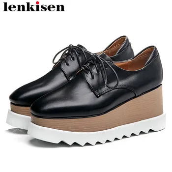 

Lenkisen European style natural leather wedges high bottom platform punk style square toe large size solid young girls pumps L28
