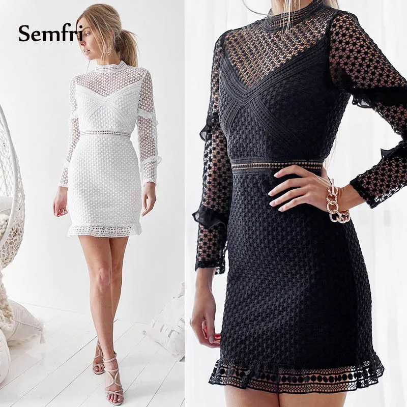 

Semfri Elegant Short Lace Dress Woman Summer Paty Night Long Sleeve O Neck Mini Dresses High Quality Black and White Dress 2019