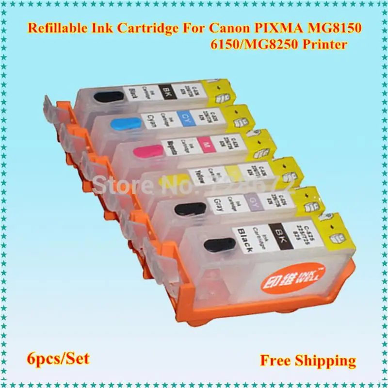 6PCS 525 526 Refillable Ink Cartridge PGI-525 CLI-526 BK C M Y GY With Chip for Canon PIXMA MG6150 MG8150 MG8250 Inkjet Printer |