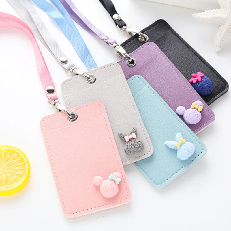 

Women Cartoon Candy Leather Card Holder Students Bus Card Case Lanyard Girl Cute Rabbit Door Work Identity Badge 2 Cards Cover