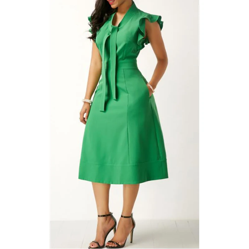 Летнее женское платье, повседневное, размера плюс, тонкое, одноцветное, офисное, ТРАПЕЦИЕВИДНОЕ, винтажное, элегантное, сексуальное, с оборками, длинное, вечернее платье - Цвет: Зеленый