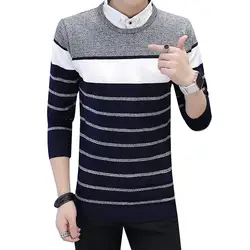 Повседневное 2018 классической простотой пуловер свитер с отложным воротником Для мужчин в полоску Одежда с длинным рукавом серый черный