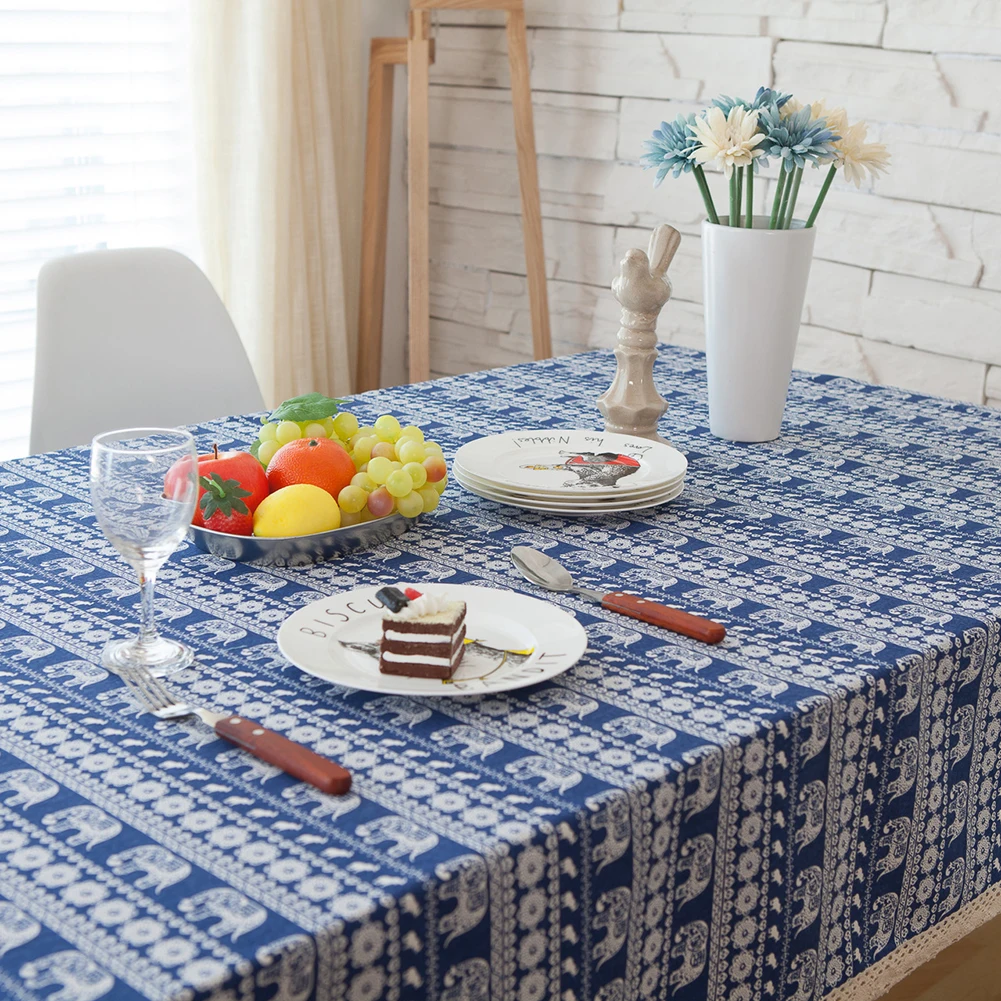 Multi Sizes Boho Ethnic Flower Elephant Cotton Linen Tablecloth