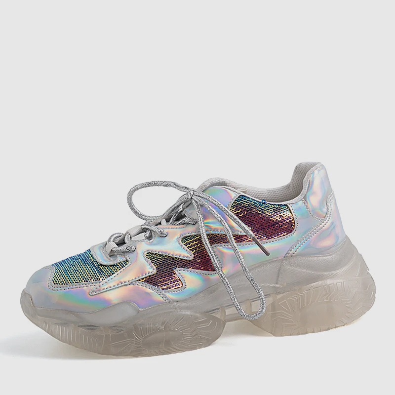 

BZBFSKY 2020 New INS Hot Spring Colorful Glitters Sneakers Women Large Size 35-42 Leather Lining Platform Dad Shoes Woman