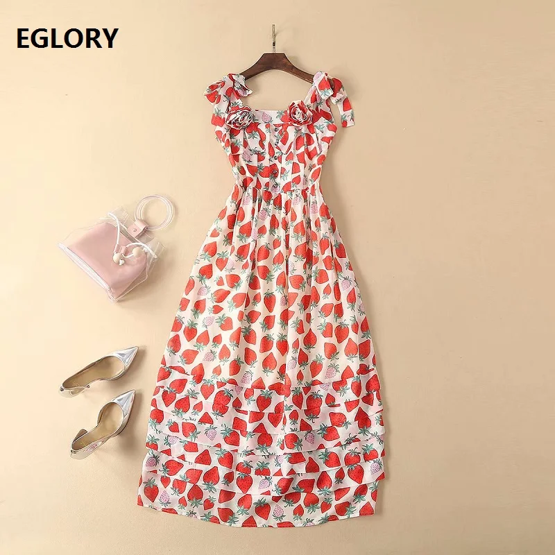 

New 2019 Spring Summer Runway Long Dress Women Spaghetti Strap Sweet Red Strawberry Print Sleeveless Casual Sexy Long Maxi Dress