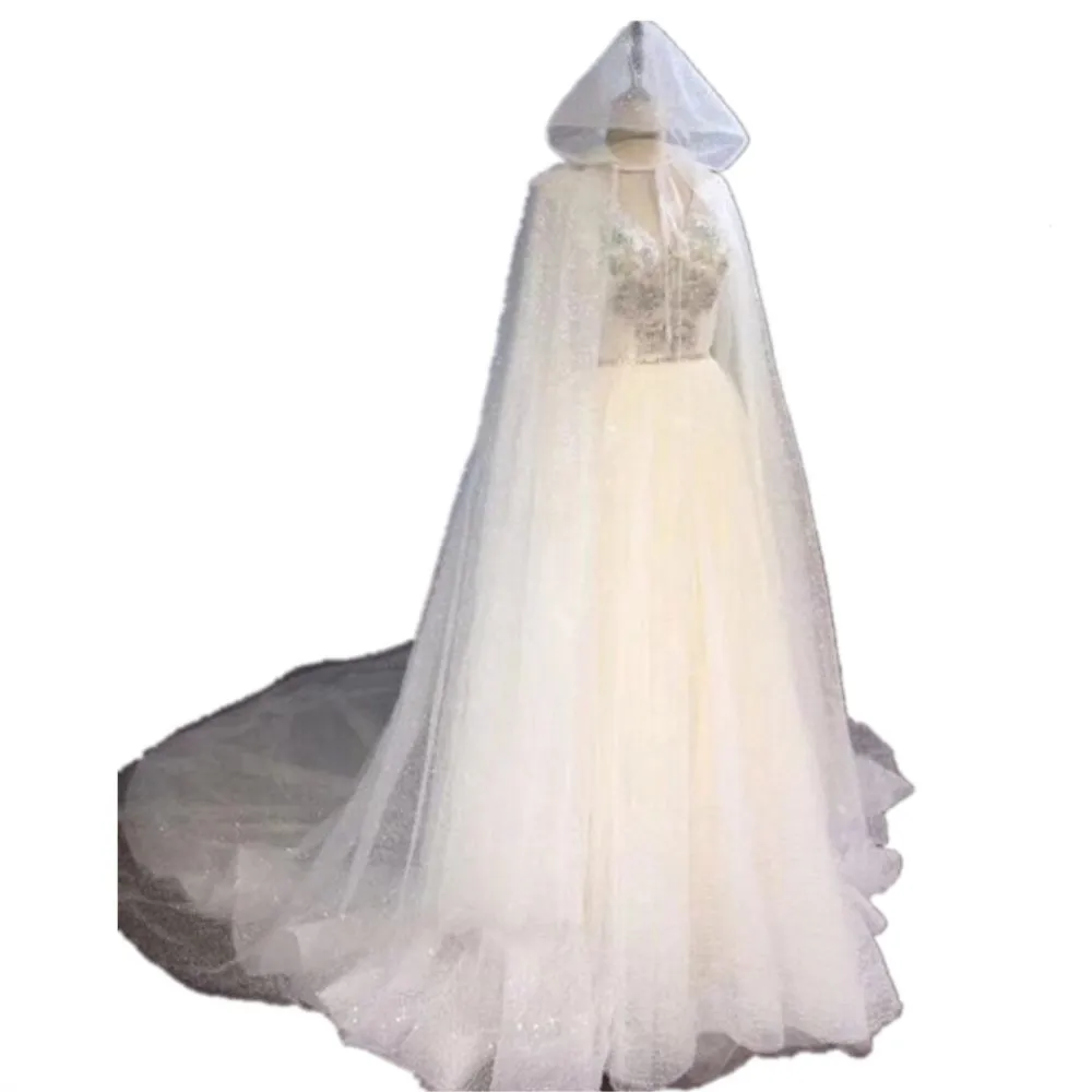 

Bling Shining New Long Bridal Cloak Cape Tulle with Glitters Wedding Bridal Jacket with Train Ivory/off white