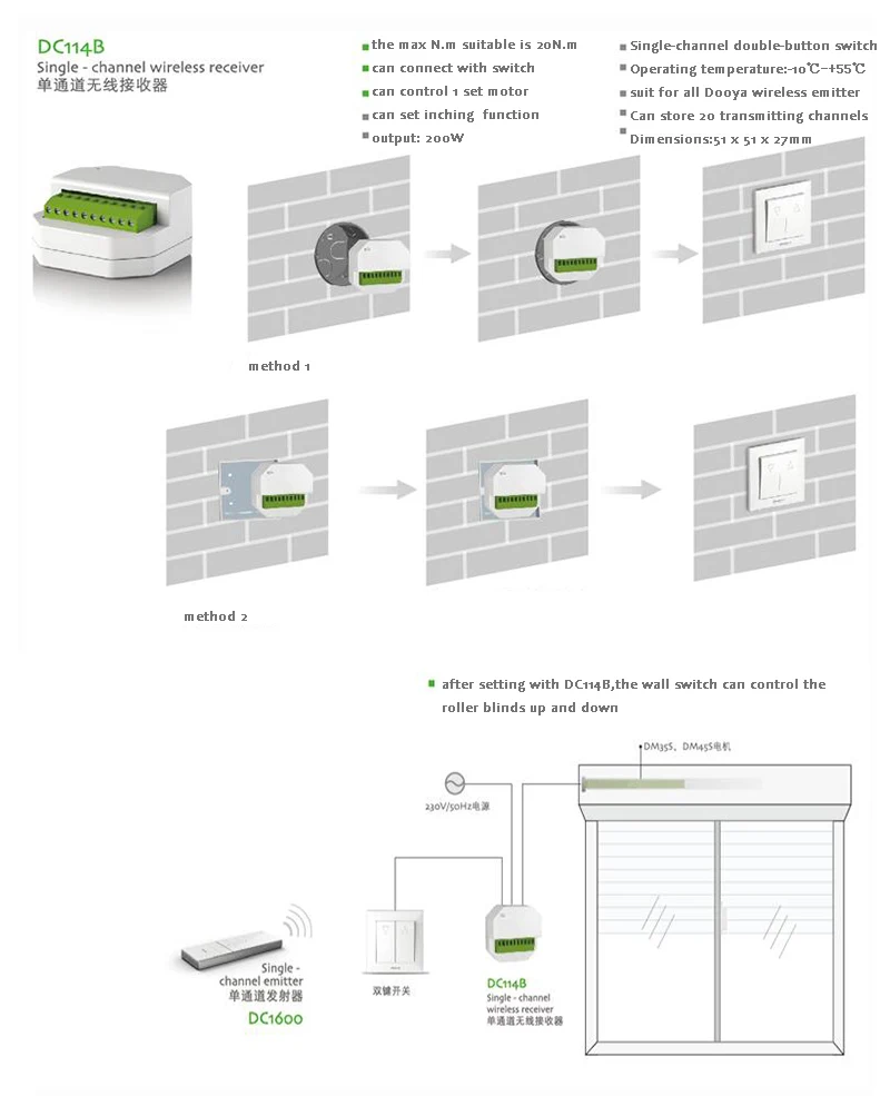 Dooya настенный выключатель DC1650 DC1651 один двухканальный пульт дистанционного управления, DC1680 DC114B один приемник с проводами для трубчатого двигателя
