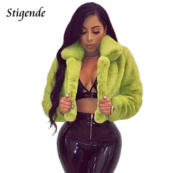 Stigende Women Sexy Fur Fake Fluffy Crop Coat Long Sleeve Warm Faux Fur Club Coat and Jackets Casual Turn Down Collar Party Coat