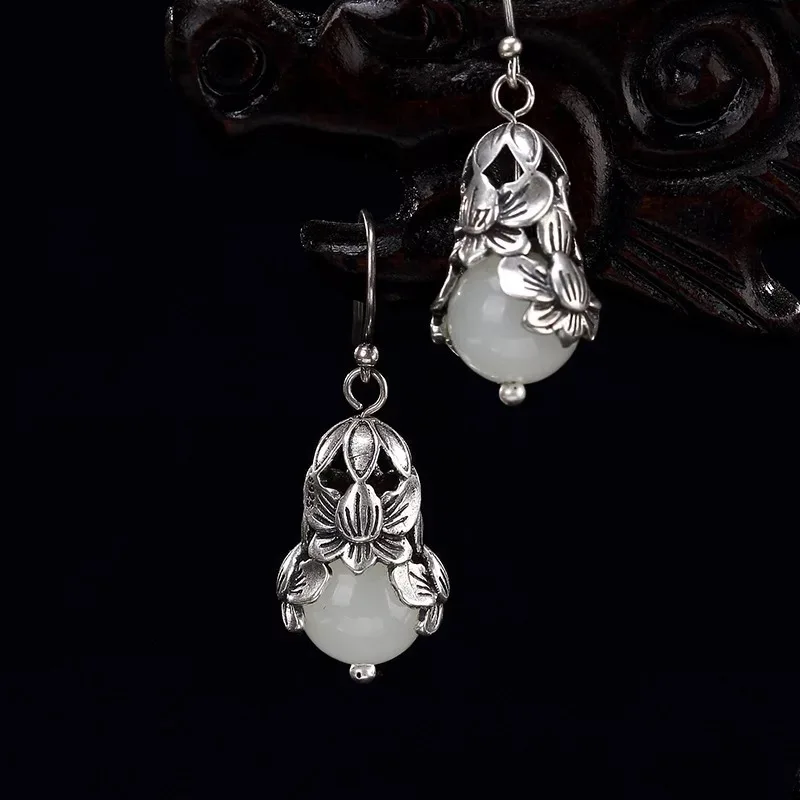 

925 Sterling Silver Earrings For Women Natural Jade Plum Blossom Drop Earrings For Women Wholesale Lots Bulk Jewelry