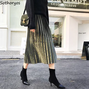 

Skirts Women Winter Long High Waist Gold Velvet All-match Sweet Skirt Womens Korean Style Solid Simple Ladies Elegant Trendy