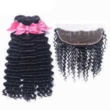Лучший! Deep Wave Bundles With Frontal Remy Human Hair Bundles With Closure Brazilian Hair Weave 3 Bundles With 13x4 Closure