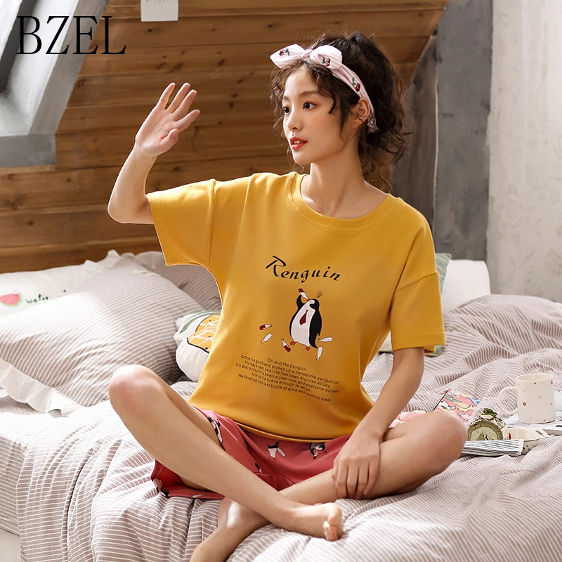 

BZEL Summer Cotton Sleepwear Women Cute Pajamas Female Home Clothes For Women Shorts Suits Clothes Kawai 2Pcs/Set Pijama Femme
