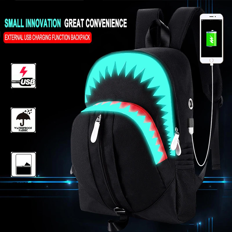 Fashion Luminous Student School Bags USB Charging Men's Shark School Backpacks Chest Bag Teenager Boy Girls Travel Women Mochila