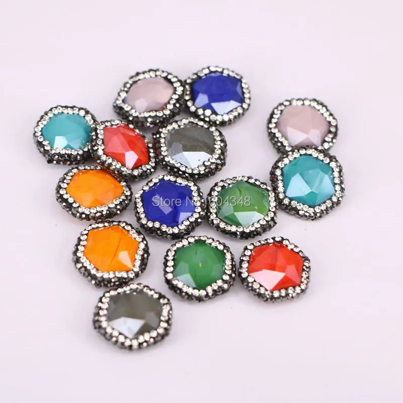 

10pcs Mixed Color Crystal Glass Loose Beads, Hexagon Shape with Crystal Paved Glass Connector Beads For Jewelry Making
