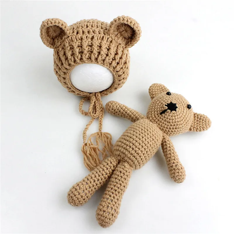Для новорожденных Подставки для фотографий аксессуары медведь шапка Кепки+ кукла комплекты Bebe ручной вязки шапочка медведь игрушка - Цвет: khaki 989