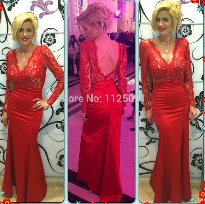 

Sexy Long Sleeve Backless Red Formal Evening Dresses Mermaid V Neck Lace Fashion Bridal Celebrity Prom Party Gowns 2019 Custom