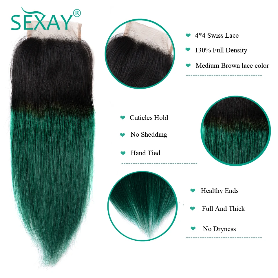 Sexay 4*4, бразильские прямые волосы, двухцветные волосы цвета Омбре 1B/зеленые человеческие волосы, кружевная застежка с детскими волосами, 1 шт
