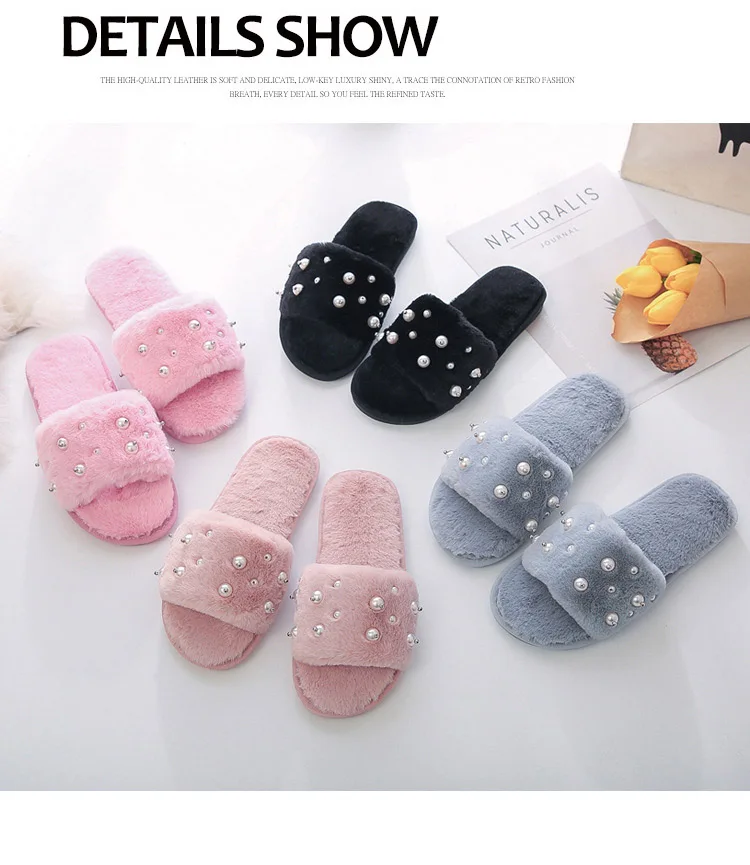 Winter New Pearl Fur Slippers Women's Velvet Slippers Floor Tow Slippers Woman Slippers Women Sapato Feminino M8G41 (14)