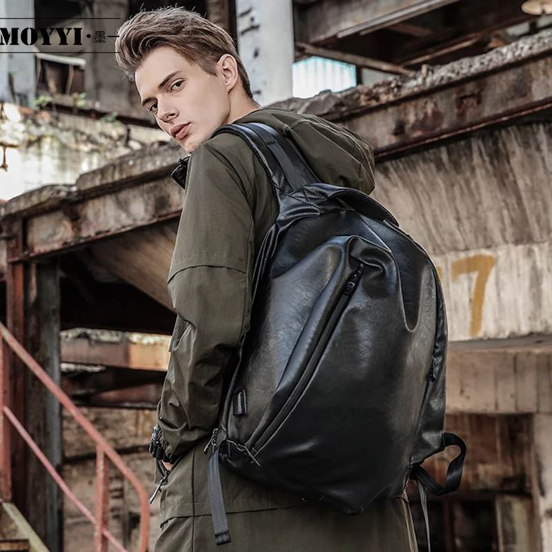

MOYYI PVC Leather Backpack for USB Charging Plug Bookbags Men Functional Bags Waterproof Backpacks Capacity mochila