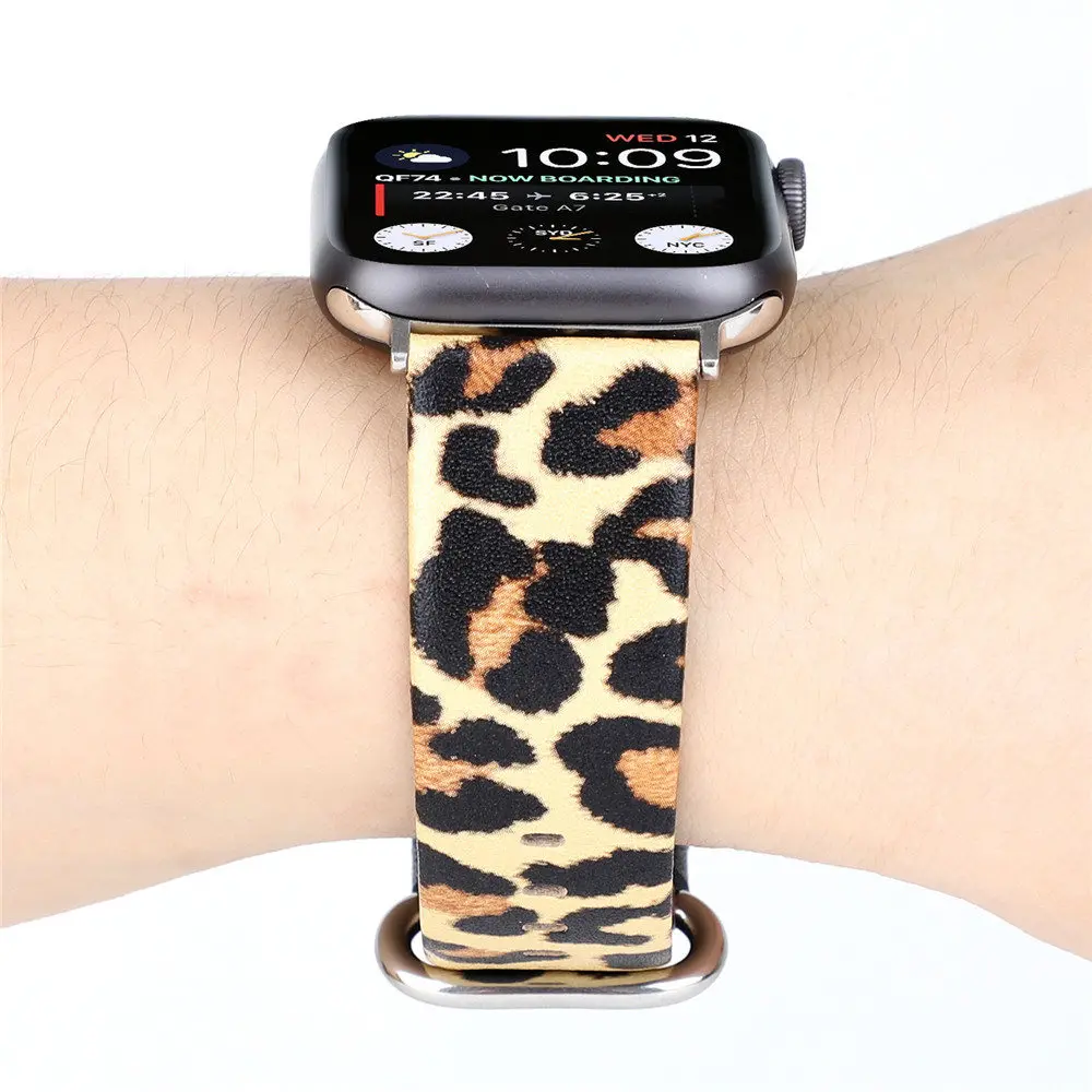 Леопардовый кожаный ремешок для Apple Watch 6 Band 44 мм 42 40 38 мужской/женский модный
