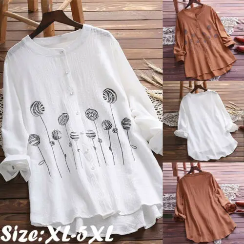 

2019 Newest Fashion Hot Charming Women Cotton Tops Long Sleeve Tunic Blouse Flower Print Shirts Plus Size XL-5XL Hot Sale
