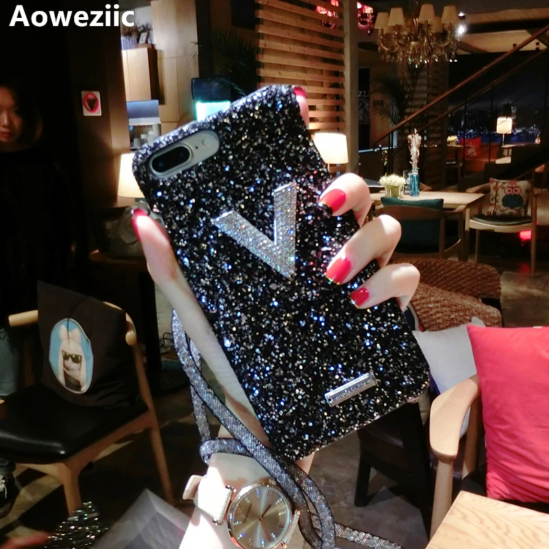 Aoweziic Чехол для мобильного телефона 7 букв V ремешок для iPhone X XS MAX XR защитный чехол 8 6Plus со стразами блестки