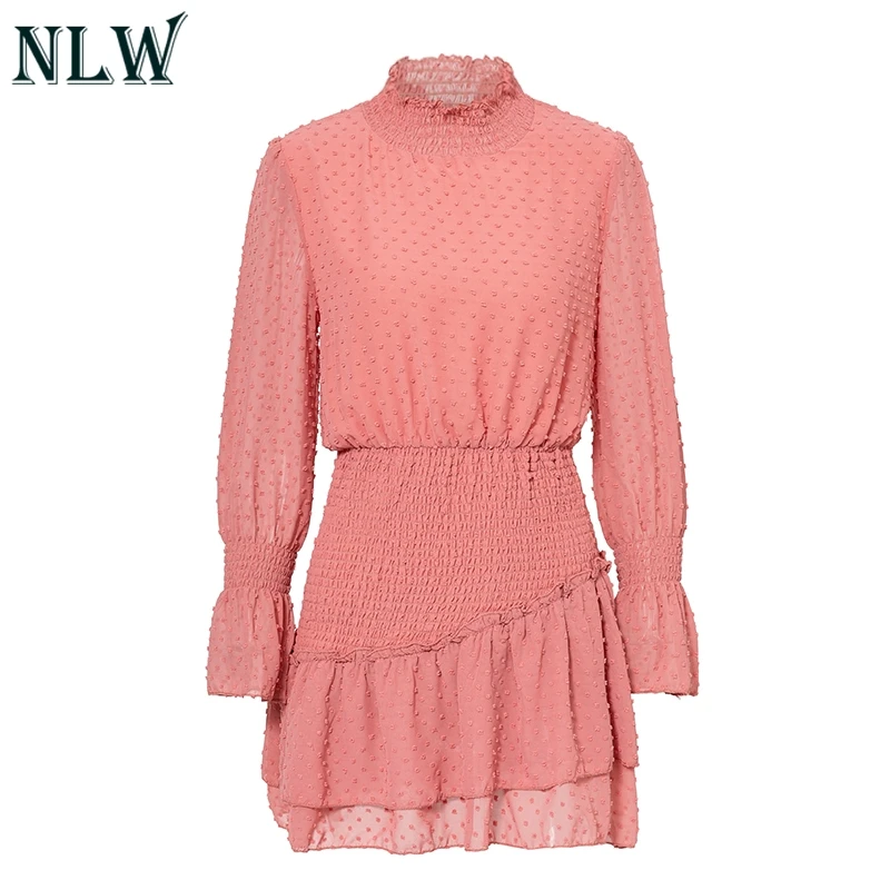 NLW, осеннее платье с оборками, новинка, Повседневное платье для женщин, одноцветные платья в горошек, вечерние платья с длинным рукавом, Vestidos - Цвет: Розовый