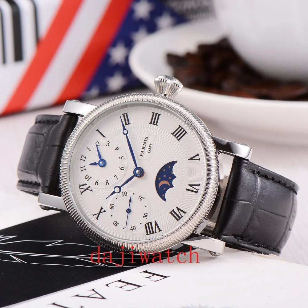 42 мм PARNIS розовый циферблат Moon Phase GMT Мужские часы с ручным заводом