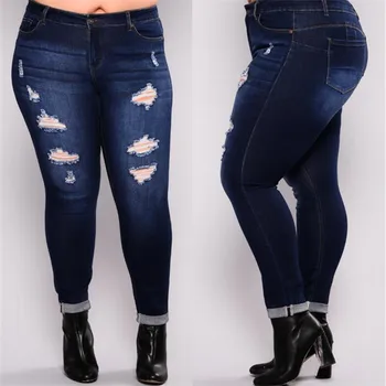 

Plus Size L-5XL Jeans For Women Dark Blue Loose Dedicated Pencil Cotton Jeans Holes Casual Fashion