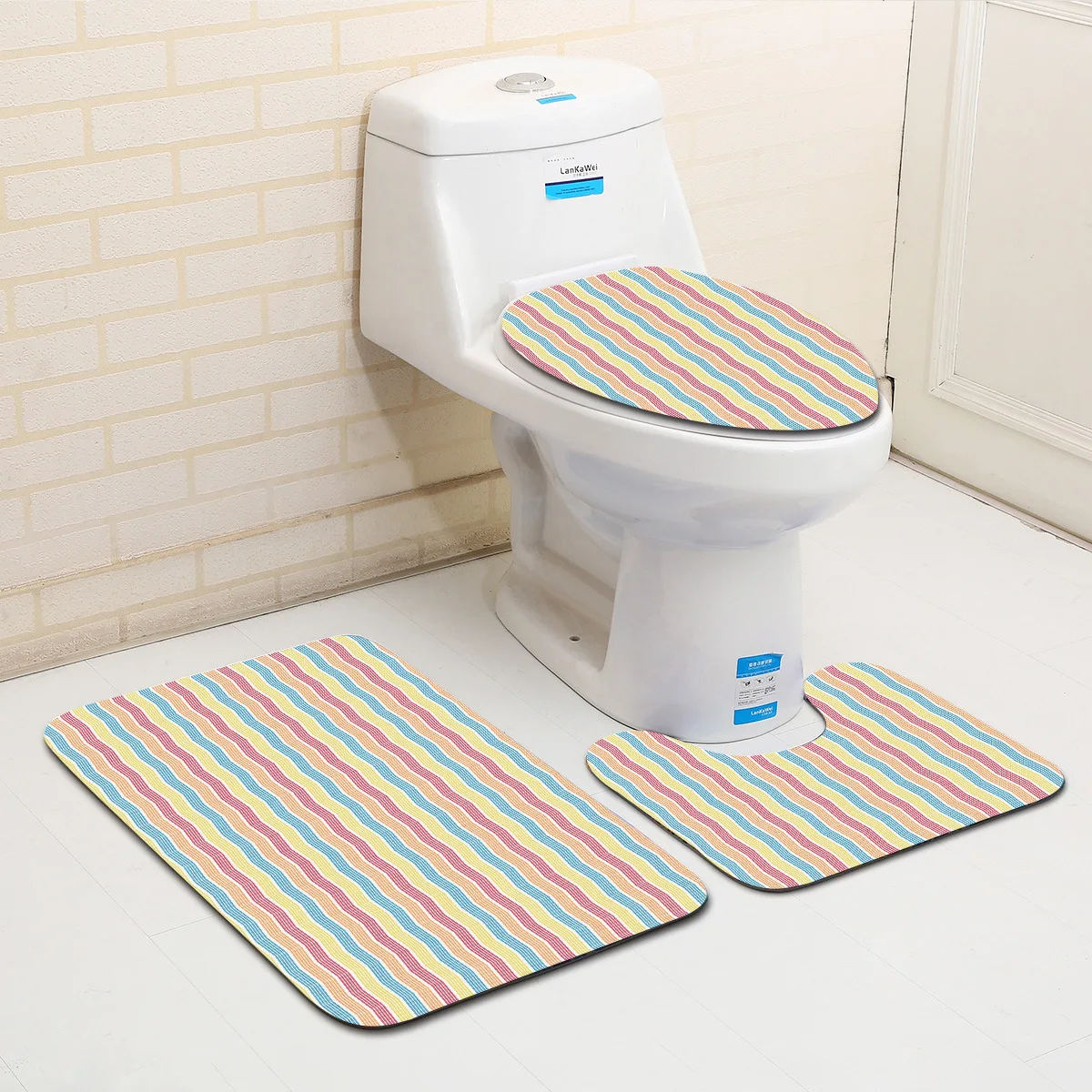 Zeegle Geometric 3pcs Bathroom Carpet Set Flannel Toilet Bath Mats Anti