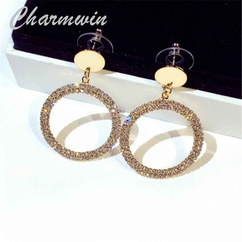 

Charmwin New S925 Silver Needle Round Dangle Earrings Long Earrings For Womem Full Rhinestone Circle & Oval Big Earrings