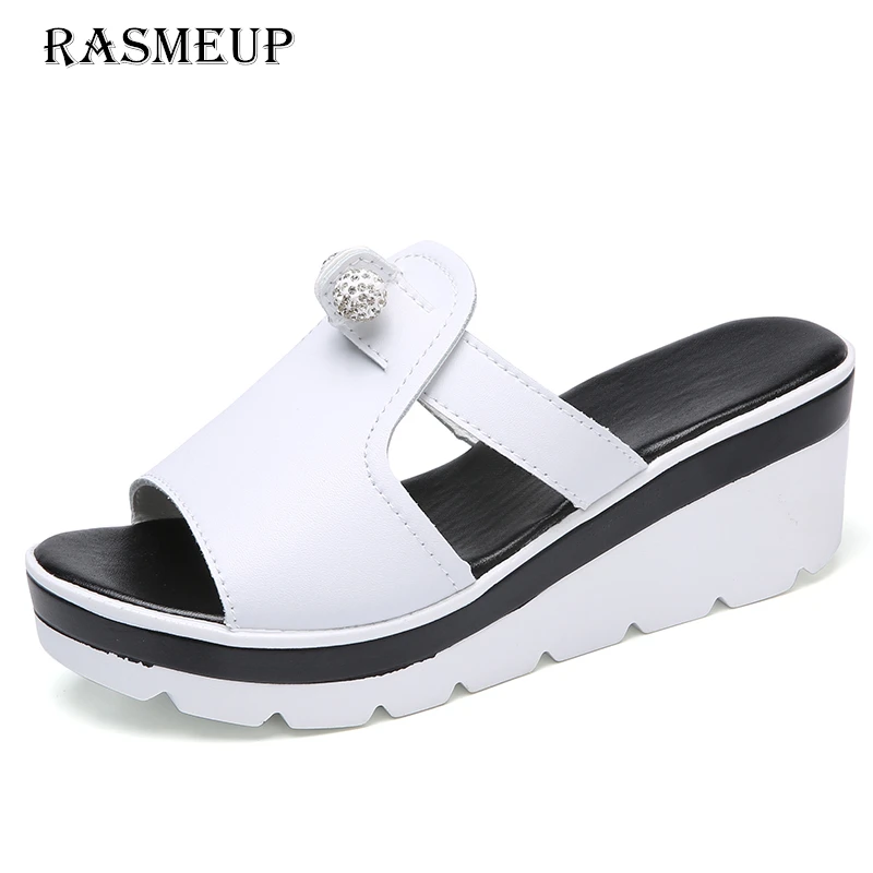 

RASMEUP Genuine Leather Thick Soled Women's Slippers 2018 Summer Open Toe Platform Women Slides Outside Wedges Woman Shoes
