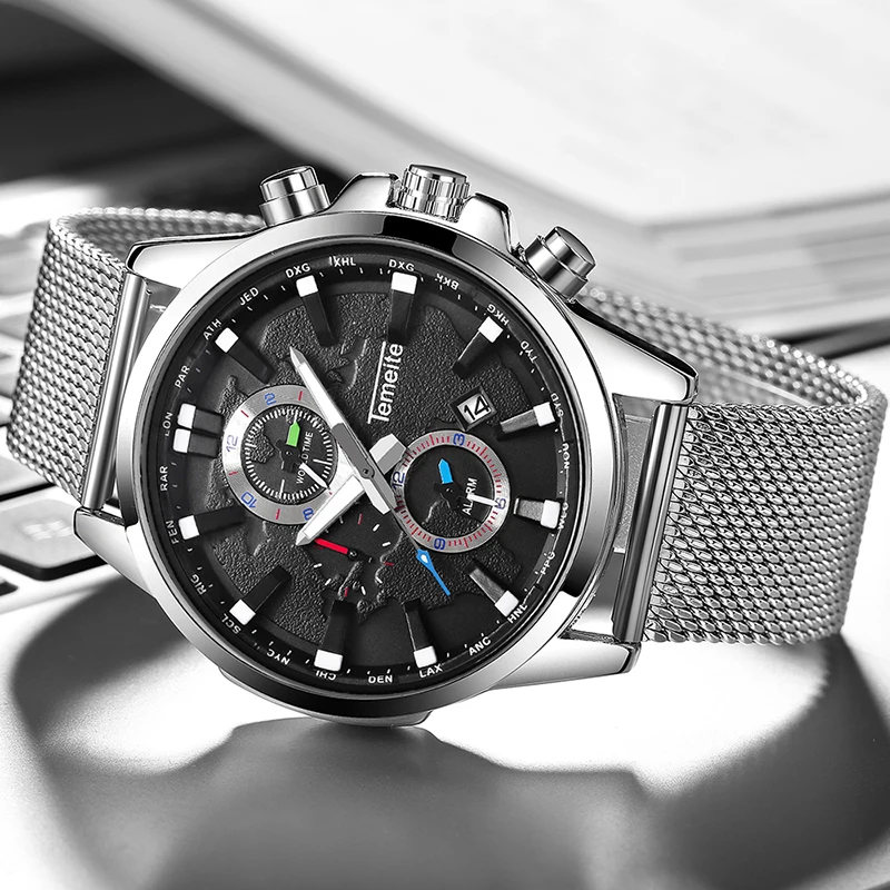 TEMEITE для мужчин's повседневные часы Лидирующий бренд спортивные часы в деловом стиле мужской Дата с сетчатым РЕМЕШКОМ НАРУЧНЫЕ