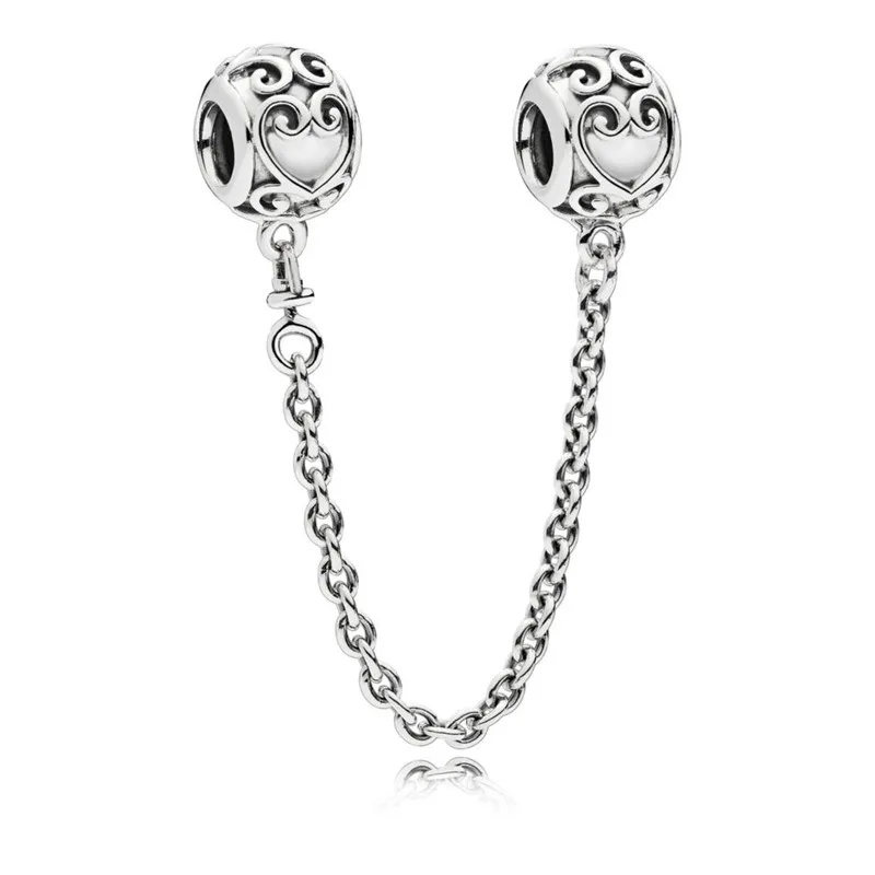 

925 Sterling Silver Bead Charm Vintage Enchanted Heart Safety Chain Fit Original Pandora Bracelets Bangles Women DIY Jewelry