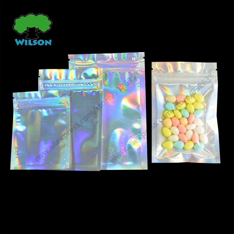 

One Side Clear One Side Holographic Laser Silver Cosmetic Zipper Bag Leak Proof Thick Reusable Food Storage Zip Lock Pouch