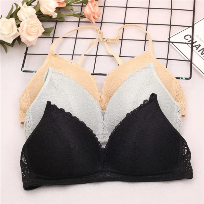 

ROPALIA Women Cotton Wire Free Bras Lace Thin Female Brief Push Up Padded Brassiere Adjustable Straps Ladies Triangle Cup Bra