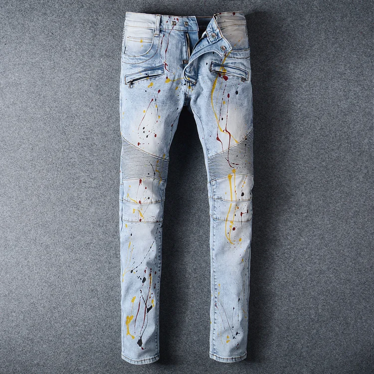 

New fashion brand B men blue jeans personalized ink point riding pants high quality personalized tide nightclub locomotive jeans