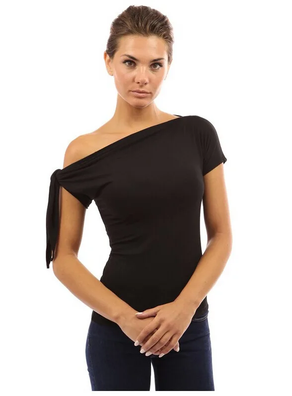 

One Shoulder Women Tshirt Solid Short Sleeves Lace Up Skinny Woman T Shirts 7 Color Casual Office Lady Summer Sexy Tee Tops S-XL
