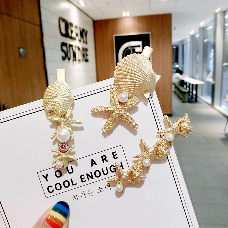 

Girls New Pearl Shell Starfish Alloy Hairpin Hair Clip Accessories Fashion Bohemia beach party Side Clip Accessories Wholesale