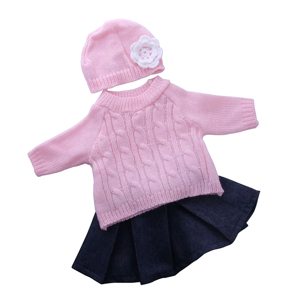  Fashion 3 pieces a set doll clothes Sweater Top Hat Pleated Jeans Skirt for Doll Girl 18'' Doll Clothes