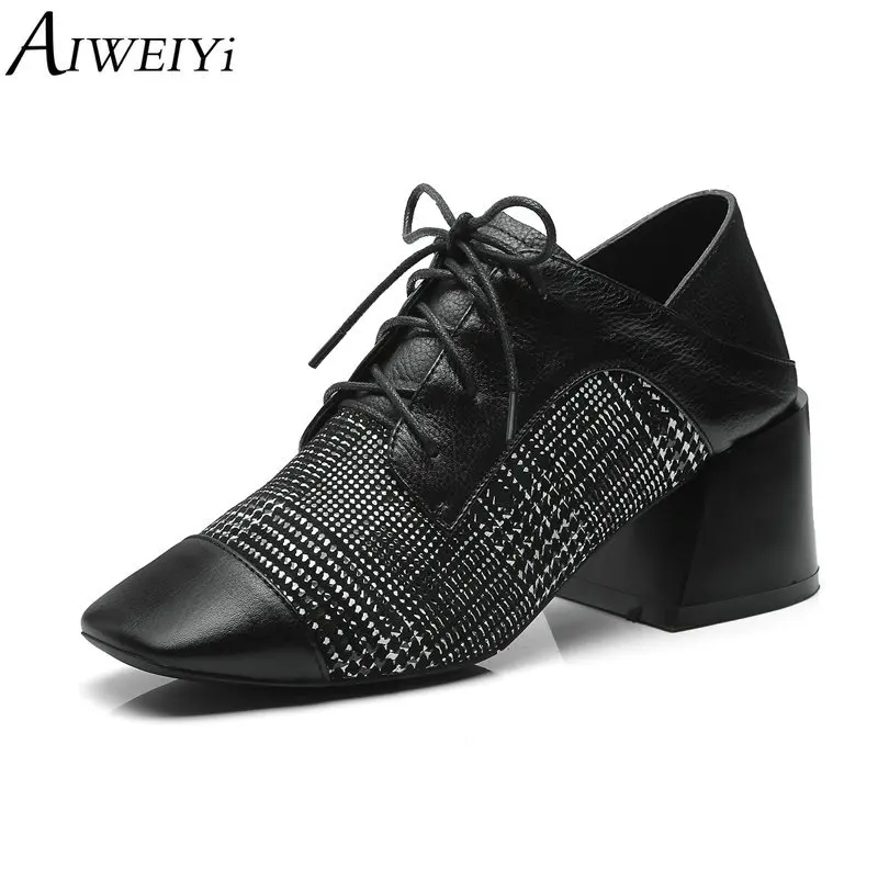 

AIWEIYi Women Pumps Black Thick High Heels Shoes Square toe Genuine Leather Lace Up High Heeled Shoes Woman