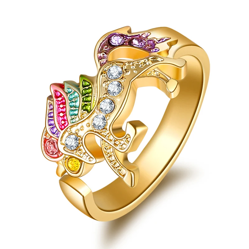 

Cute Rainbow Unicorn Crystal Ring Gold/Silver Multicolor Colorful Adjustable Open Rings for Wedding Engagement Gift