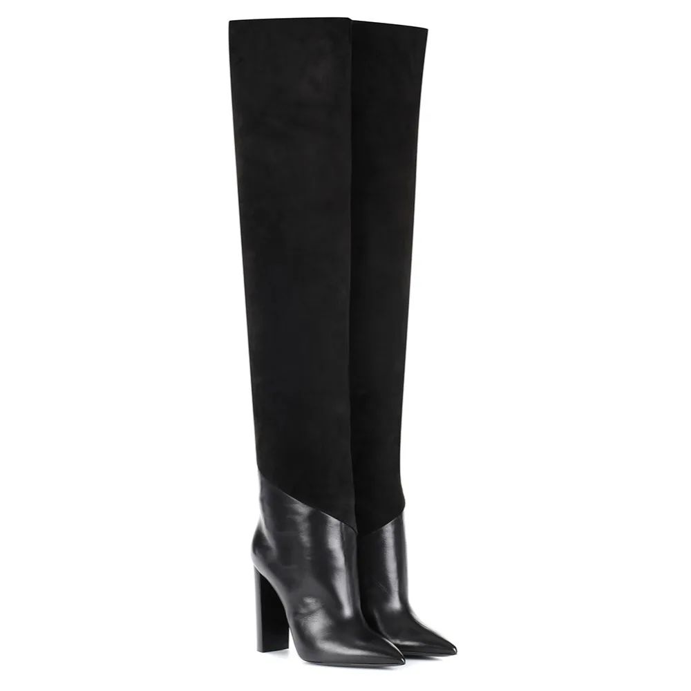 

Black Pointed Toe Women Chunky High Heel Winter Over The Knee Long Boots Slip on Pointy Stylish Heeled Boot Plus Size 45