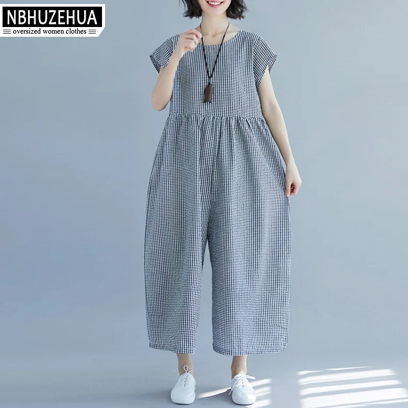 

NBHUZEHUA Women Jumpsuit Romper Summer Pantalon Wide Leg Jumpsuits Vintage Plus Size Playsuits Female Plaid Rompers 5XL 19-D281