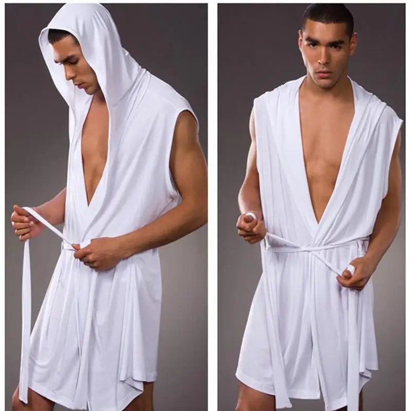 Sexy Men Summer Silk Robe Gown Male Bathrobe Nightgown Mens Sleeveless Hooded Robes Black White 